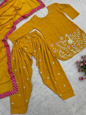 amber color embroidery and sequin work faux georgette kurti dhoti set 5