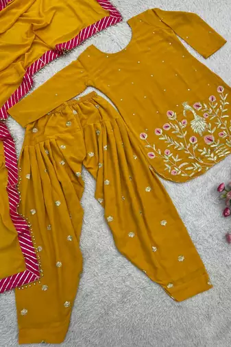 amber color embroidery and sequin work faux georgette kurti dhoti set