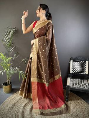 Women's brown cotton silk banarasi saree with unstitched blouse 3