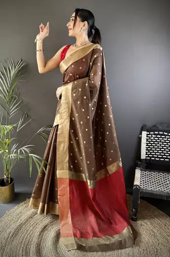 women's brown cotton silk blend saree with unstitched blouse