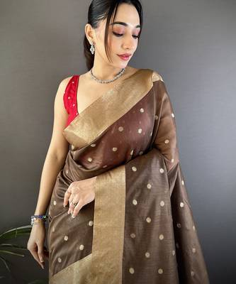 Women's brown cotton silk banarasi saree with unstitched blouse 4