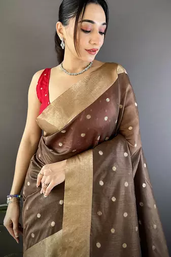 women's brown cotton silk blend saree with unstitched blouse