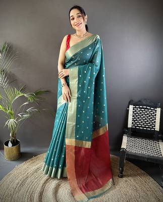 Women's teal cotton silk banarasi saree with unstitched blouse 1