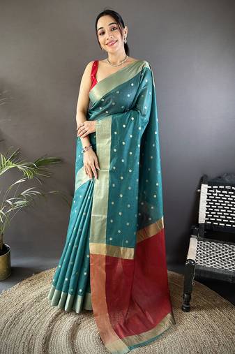 women's teal cotton silk blend saree with unstitched blouse