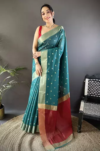 women's teal cotton silk blend saree with unstitched blouse