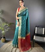 Women's teal cotton silk banarasi saree with unstitched blouse