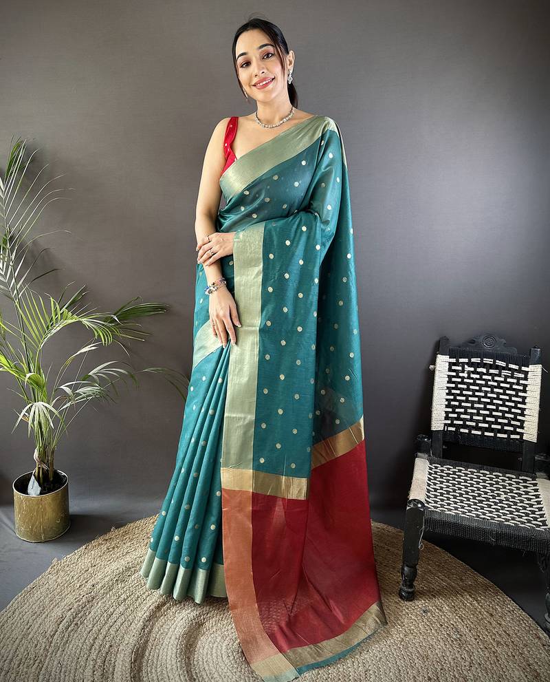 Women's teal cotton silk banarasi saree with unstitched blouse