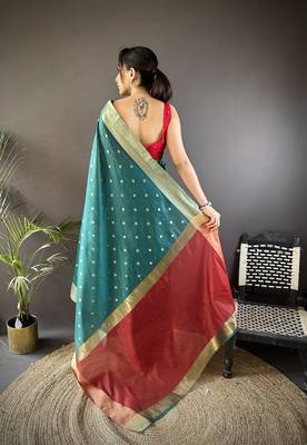 Women's teal cotton silk banarasi saree with unstitched blouse 2