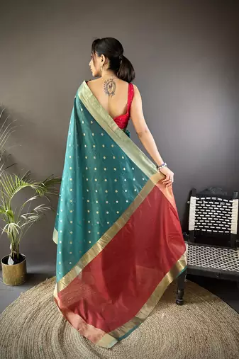 women's teal cotton silk blend saree with unstitched blouse