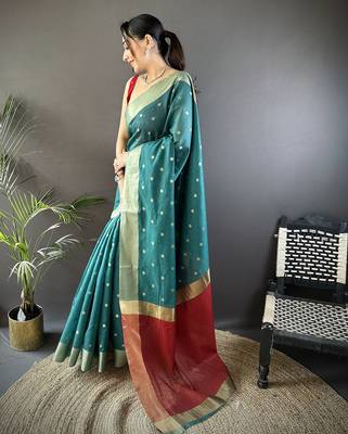 Women's teal cotton silk banarasi saree with unstitched blouse 3