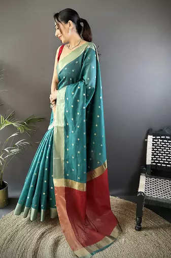 women's teal cotton silk blend saree with unstitched blouse