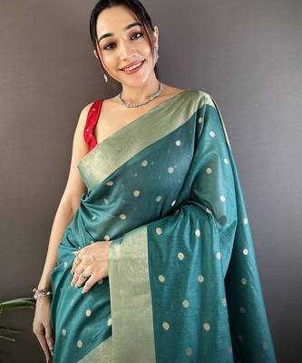 Women's teal cotton silk banarasi saree with unstitched blouse 4