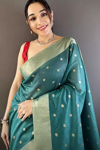 women's teal cotton silk blend saree with unstitched blouse