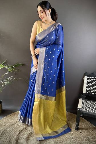 women's royal blue cotton silk blend saree with unstitched blouse