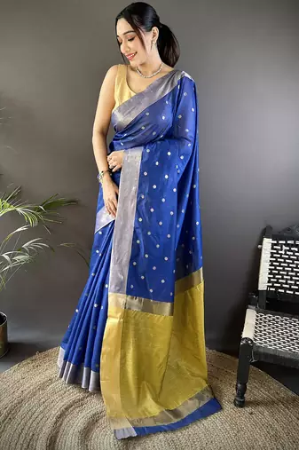 women's royal blue cotton silk blend saree with unstitched blouse