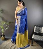 Women's royal blue cotton silk banarasi saree with unstitched blouse
