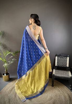 Women's royal blue cotton silk banarasi saree with unstitched blouse 2