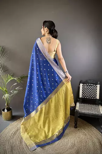 women's royal blue cotton silk blend saree with unstitched blouse