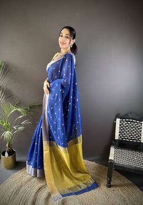 Women's royal blue cotton silk banarasi saree with unstitched blouse 3