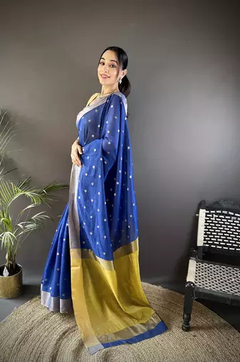 women's royal blue cotton silk blend saree with unstitched blouse
