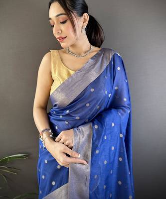 Women's royal blue cotton silk banarasi saree with unstitched blouse 4