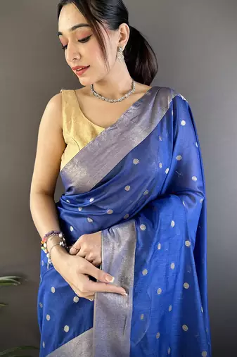 women's royal blue cotton silk blend saree with unstitched blouse