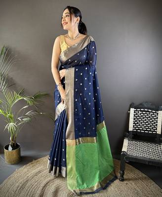 Women's navy blue cotton silk banarasi saree with unstitched blouse 1