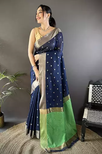 women's navy blue cotton silk blend saree with unstitched blouse
