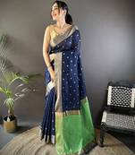 Women's navy blue cotton silk banarasi saree with unstitched blouse