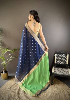 Women's navy blue cotton silk banarasi saree with unstitched blouse 2