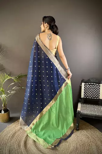 women's navy blue cotton silk blend saree with unstitched blouse