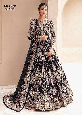 Black net semi stitched anarkali suit with embroidery & stone work 1