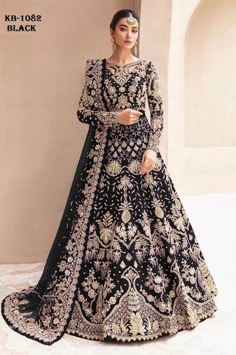 Black net semi stitched anarkali suit with embroidery & stone work
