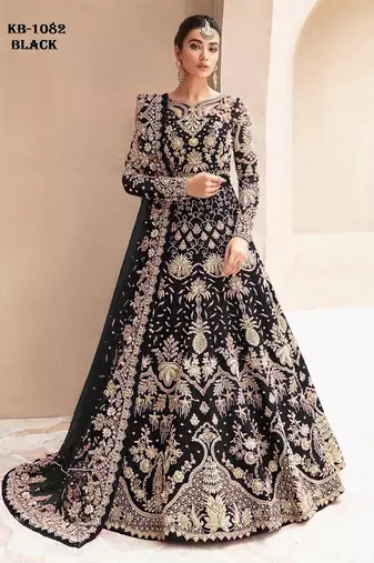 Black net semi stitched anarkali suit with embroidery & stone work