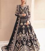 Black net semi stitched anarkali suit with embroidery & stone work