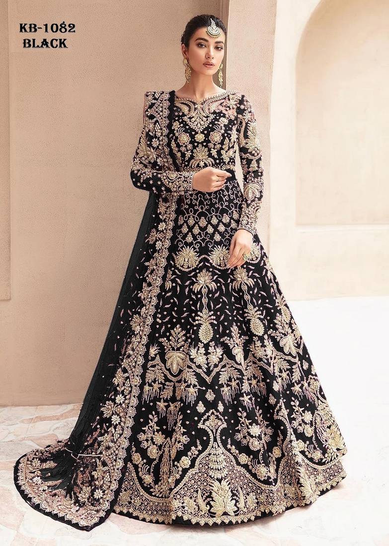 Black net semi stitched anarkali suit with embroidery & stone work