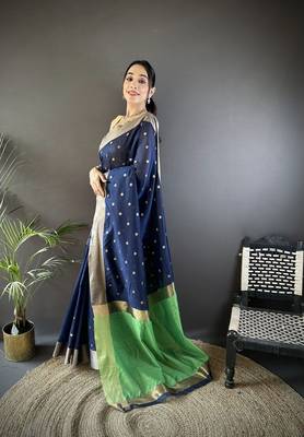 Women's navy blue cotton silk banarasi saree with unstitched blouse 3