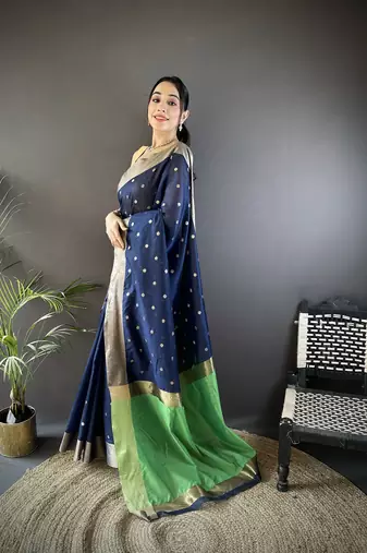 women's navy blue cotton silk blend saree with unstitched blouse