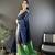 Women's navy blue cotton silk banarasi saree with unstitched blouse