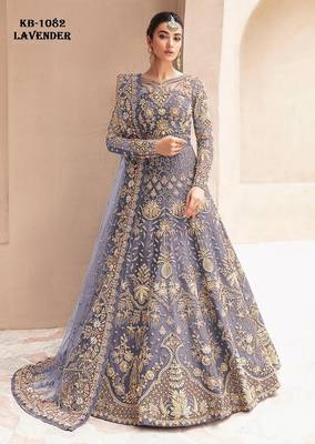 Lavender net semi stitched anarkali suit with embroidery & stone work 1