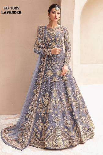 Lavender net semi stitched anarkali suit with embroidery & stone work
