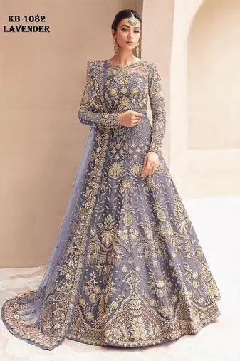 Lavender net semi stitched anarkali suit with embroidery & stone work