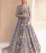 Lavender net semi stitched anarkali suit with embroidery & stone work