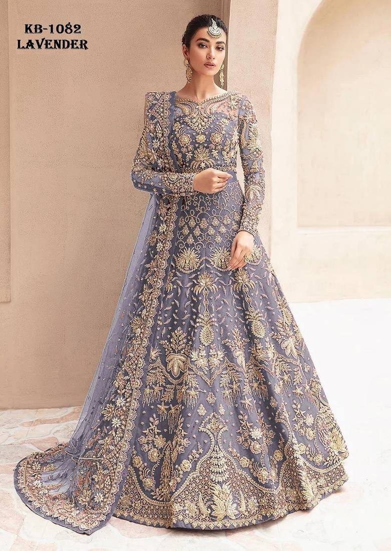 Lavender net semi stitched anarkali suit with embroidery & stone work