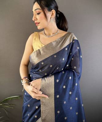 Women's navy blue cotton silk banarasi saree with unstitched blouse 4