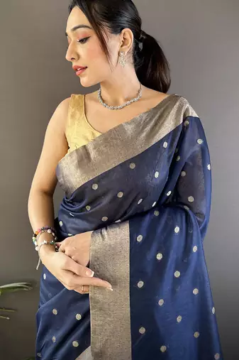 women's navy blue cotton silk blend saree with unstitched blouse