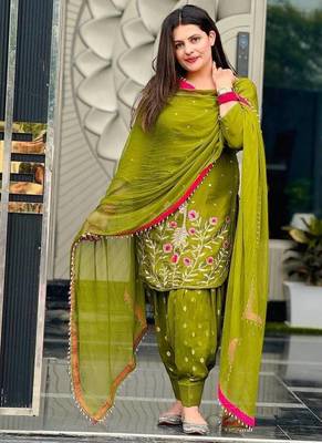 mehendi color embroidery and sequin work faux georgette kurti dhoti set 1