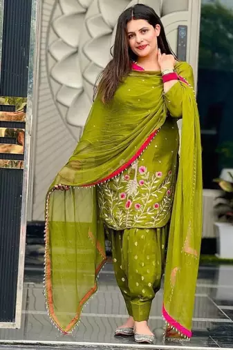 mehendi color embroidery and sequin work faux georgette kurti dhoti set