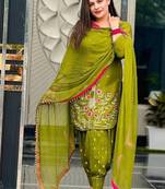 mehendi color embroidery and sequin work faux georgette kurti dhoti set