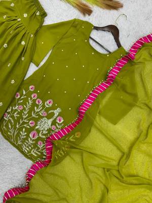 mehendi color embroidery and sequin work faux georgette kurti dhoti set 2